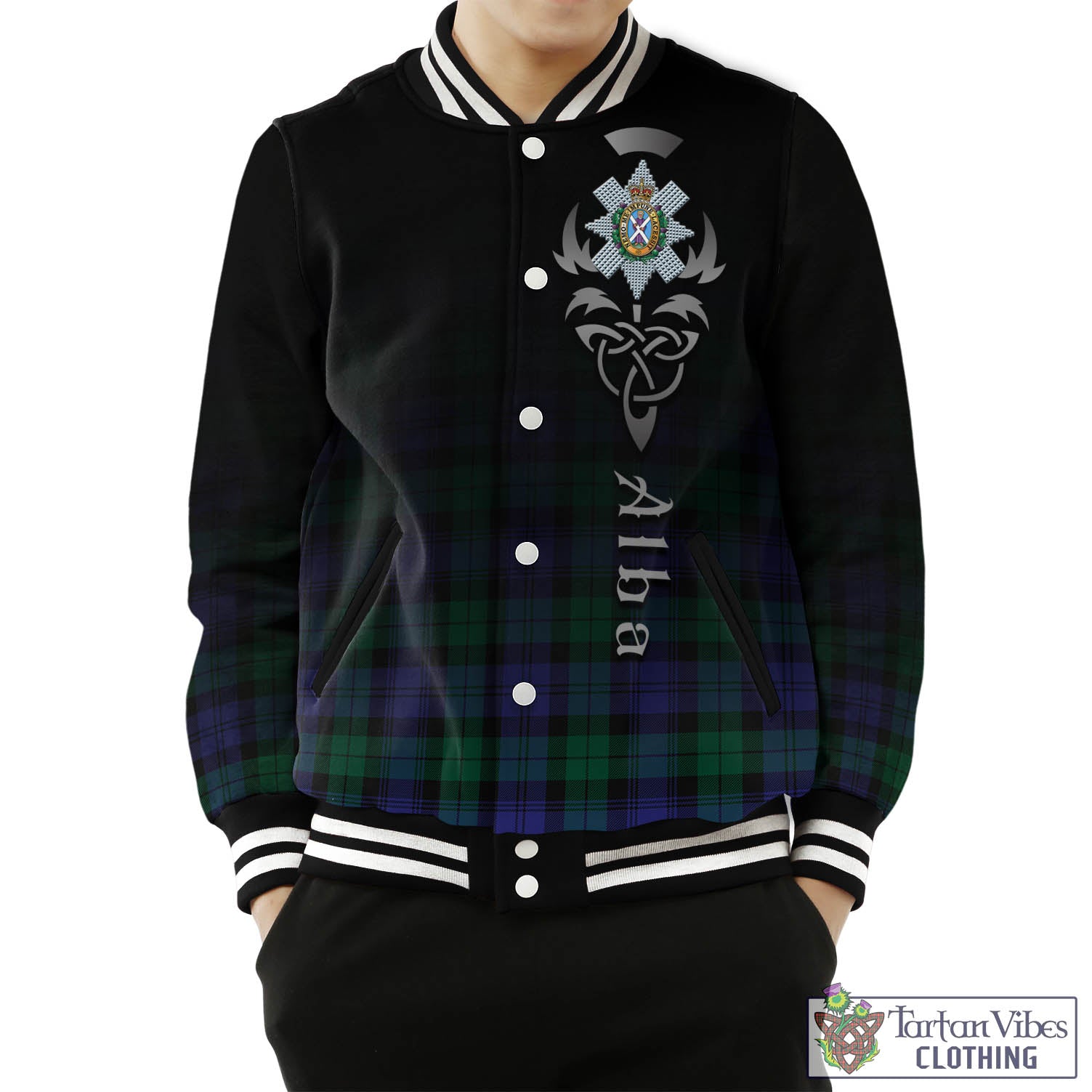 Tartan Vibes Clothing Black Watch Modern Tartan Baseball Jacket Featuring Alba Gu Brath Family Crest Celtic Inspired