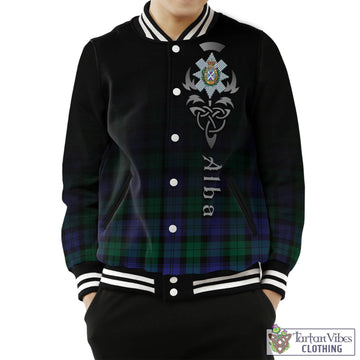 Black Watch Modern Tartan Baseball Jacket Featuring Alba Gu Brath Family Crest Celtic Inspired