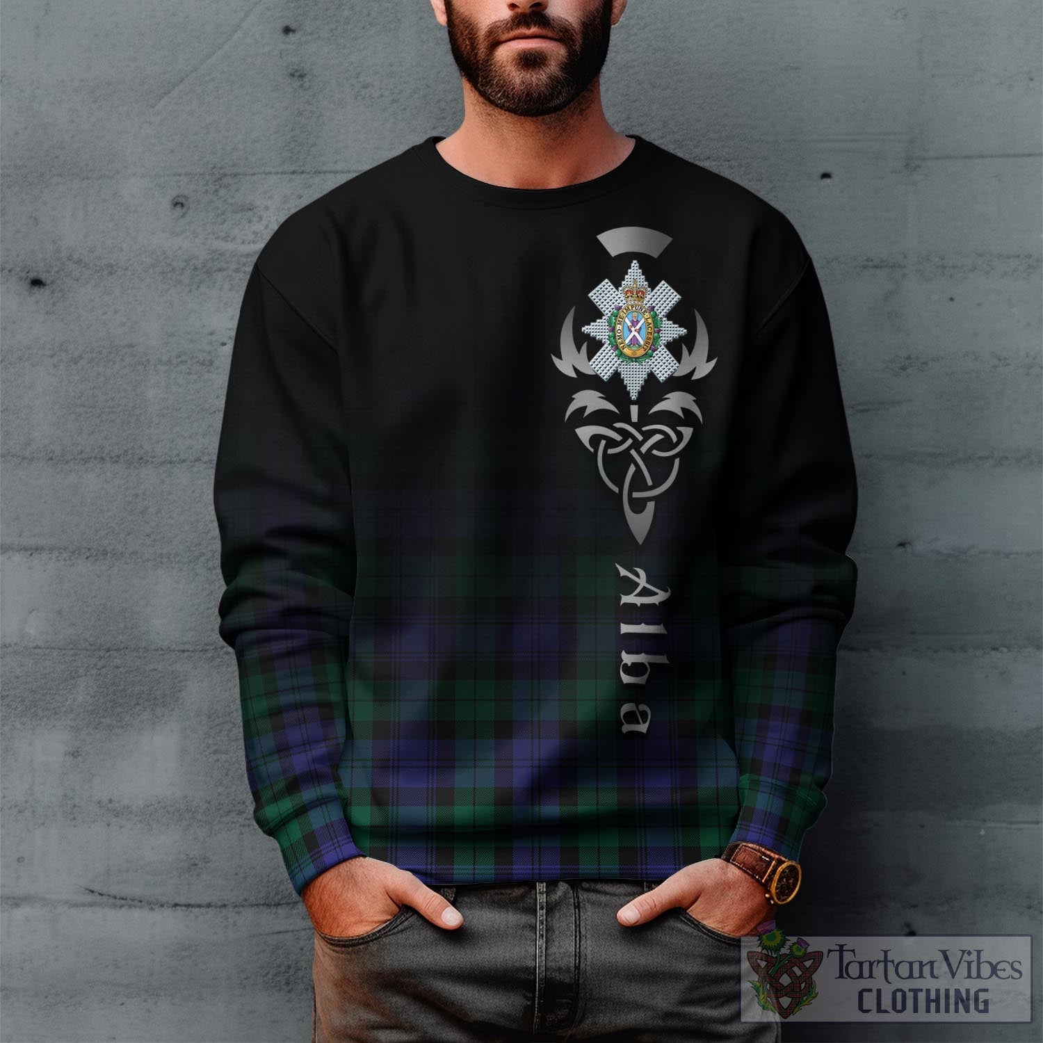 Tartan Vibes Clothing Black Watch Modern Tartan Sweatshirt Featuring Alba Gu Brath Family Crest Celtic Inspired