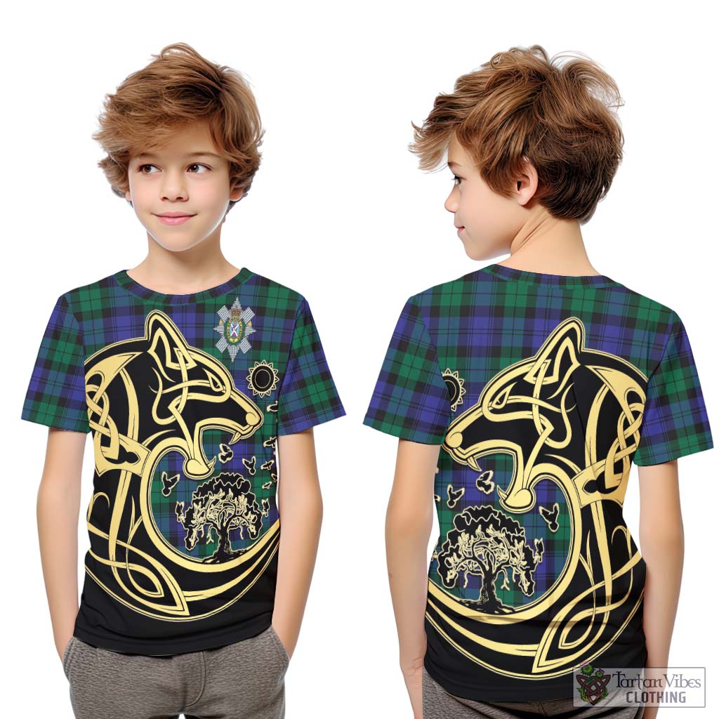 Black Watch Modern Tartan Kid T-Shirt with Family Crest Celtic Wolf Style Youth XL Size14 - Tartan Vibes Clothing