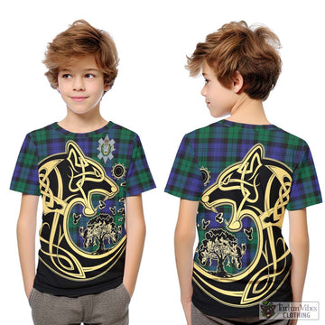 Black Watch Modern Tartan Kid T-Shirt with Family Crest Celtic Wolf Style