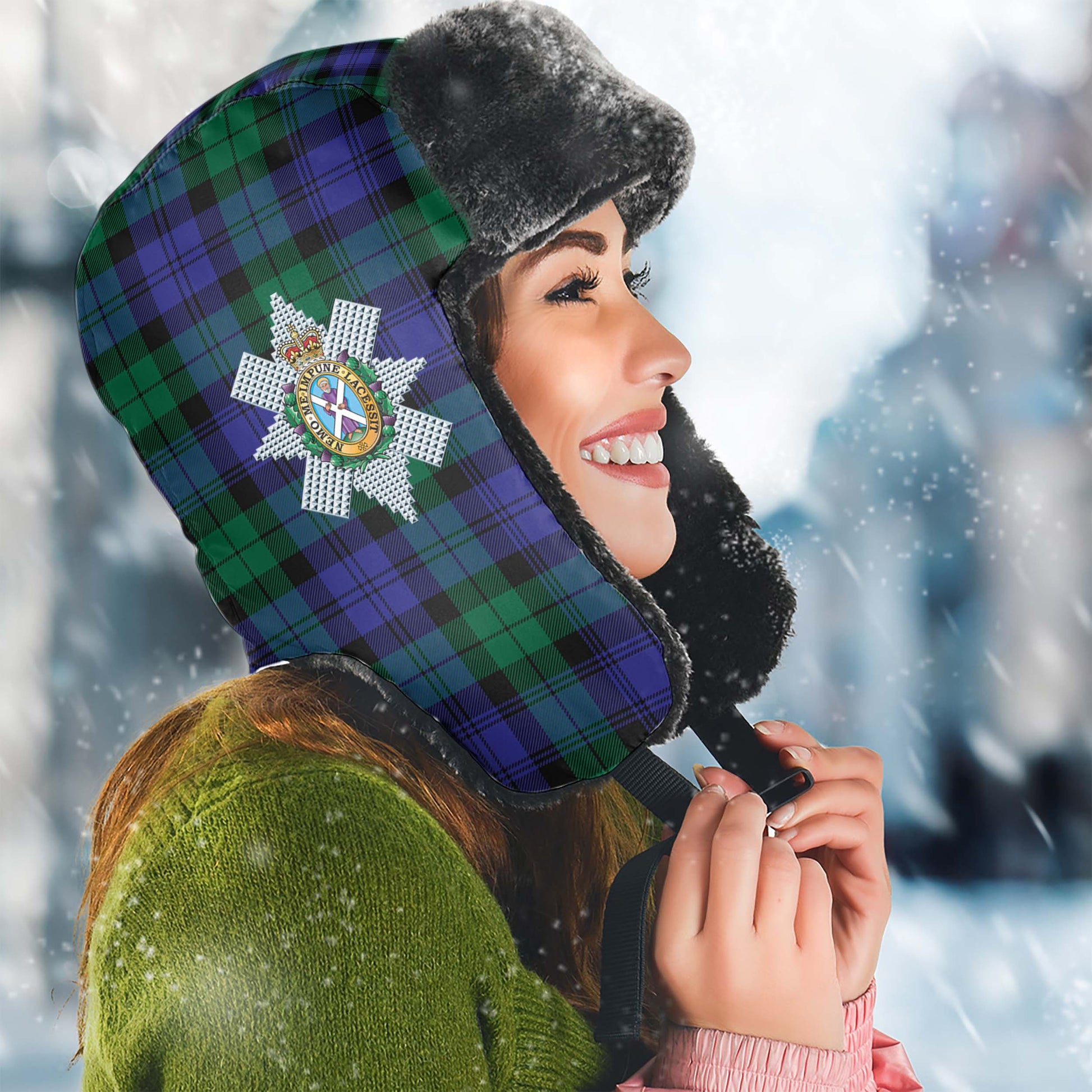 Black Watch Modern Tartan Winter Trapper Hat with Family Crest Winter Trapper Hat Universal Fit Circumference 22.8in (58cm) - Tartanvibesclothing