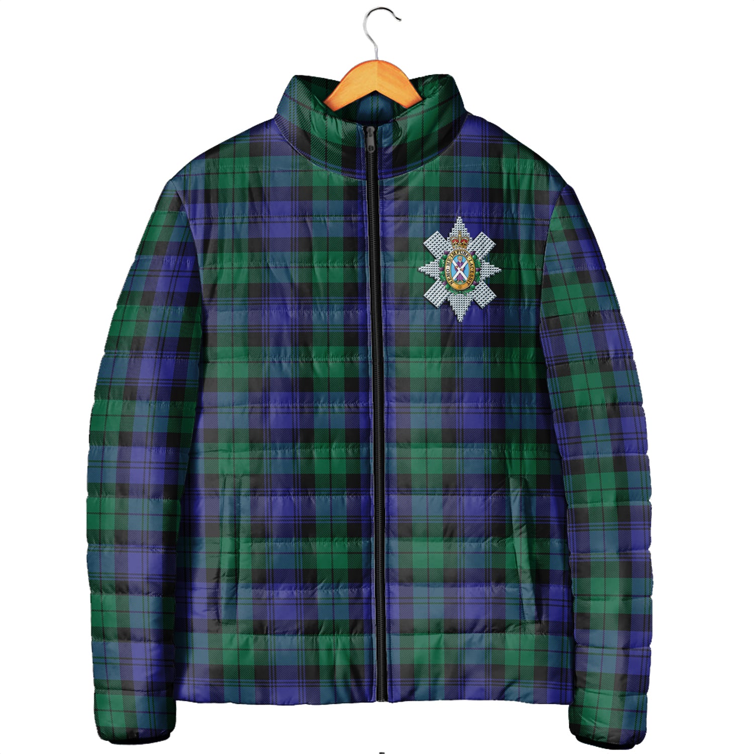 Black Watch Modern Tartan Padded Jacket with Family Crest Men's Padded Jacket - Tartan Vibes Clothing