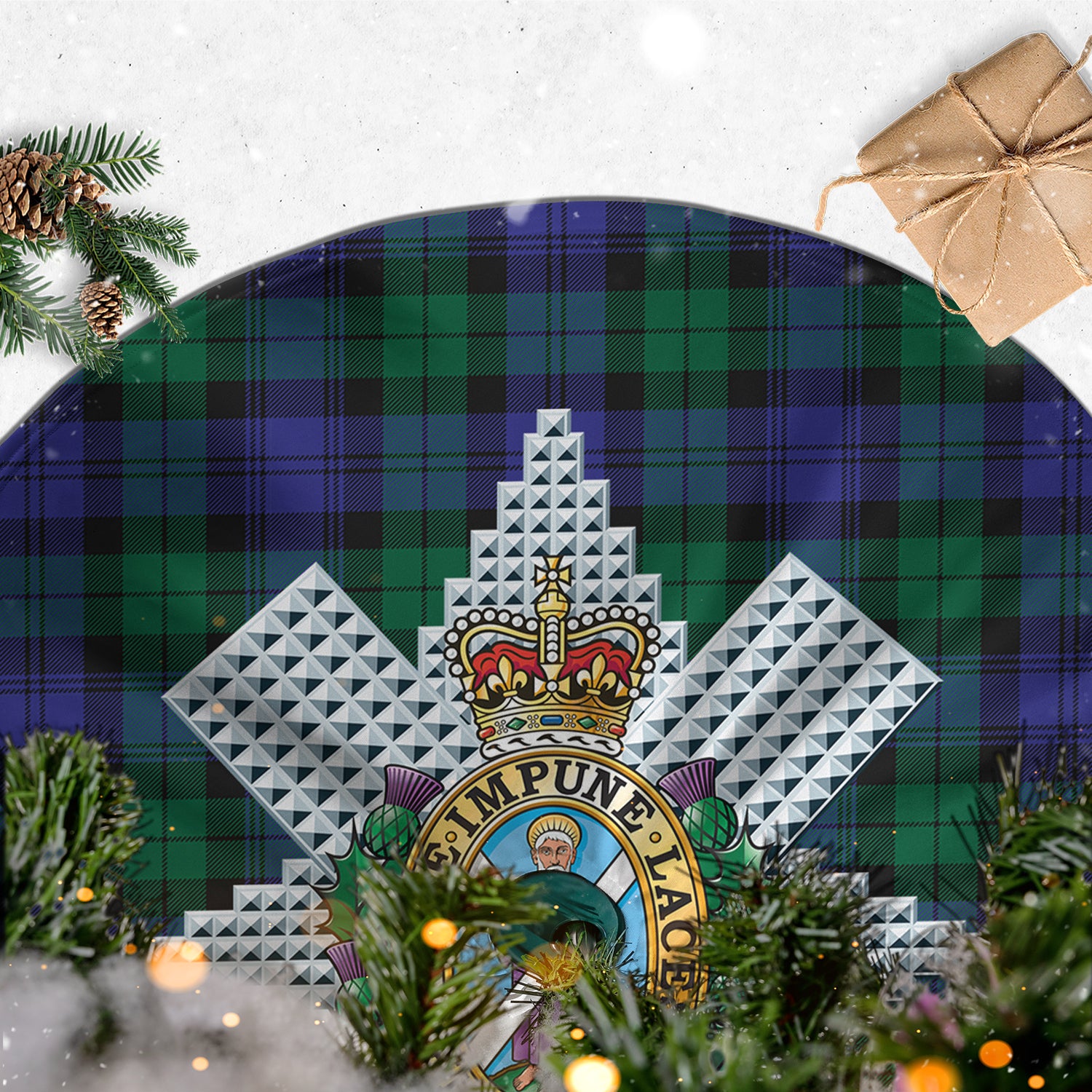 Black Watch Modern Tartan Christmas Tree Skirt with Family Crest - Tartanvibesclothing