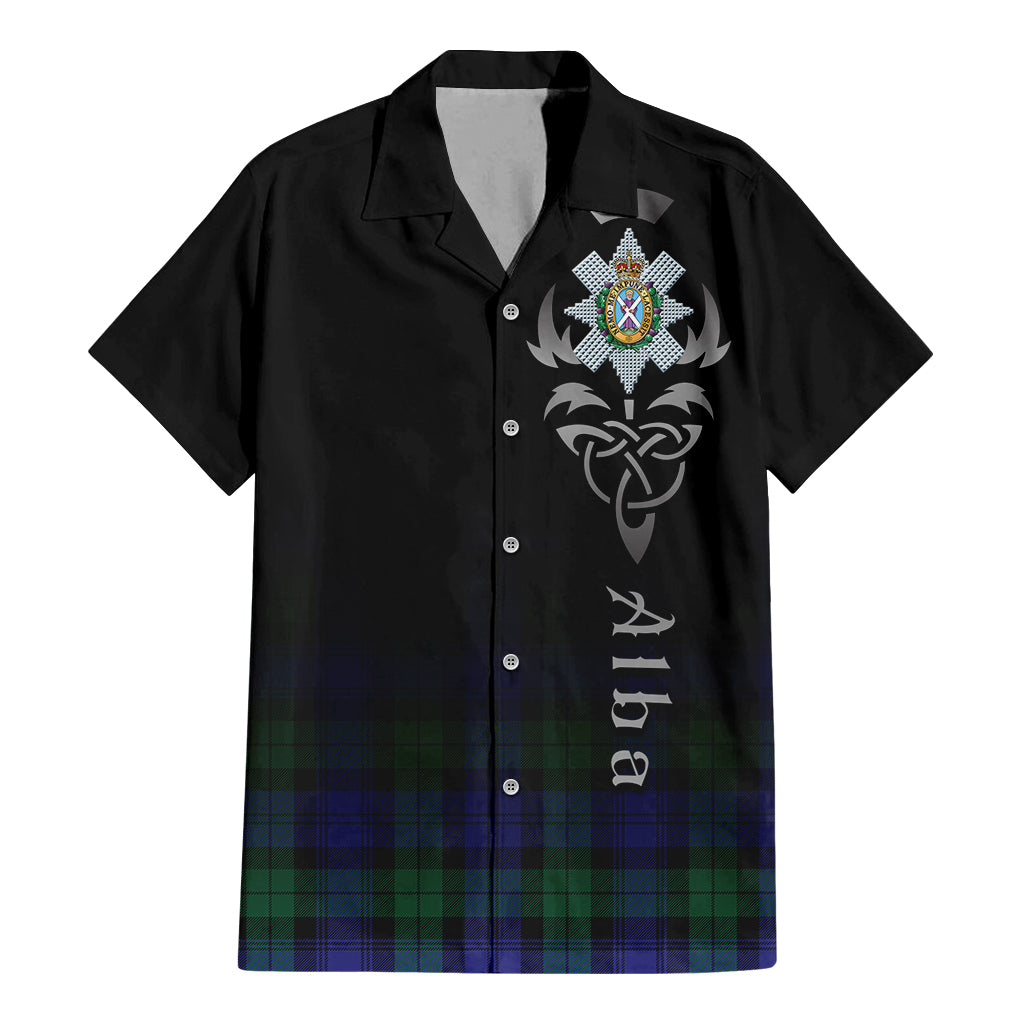 Tartan Vibes Clothing Black Watch Modern Tartan Short Sleeve Button Up Featuring Alba Gu Brath Family Crest Celtic Inspired