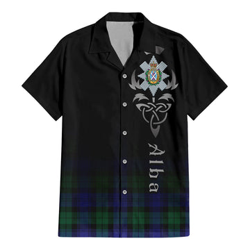 Black Watch Modern Tartan Short Sleeve Button Up Shirt Featuring Alba Gu Brath Family Crest Celtic Inspired