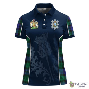 Black Watch Modern Tartan Women's Polo Shirt with Family Crest and Scottish Thistle Vibes Sport Style