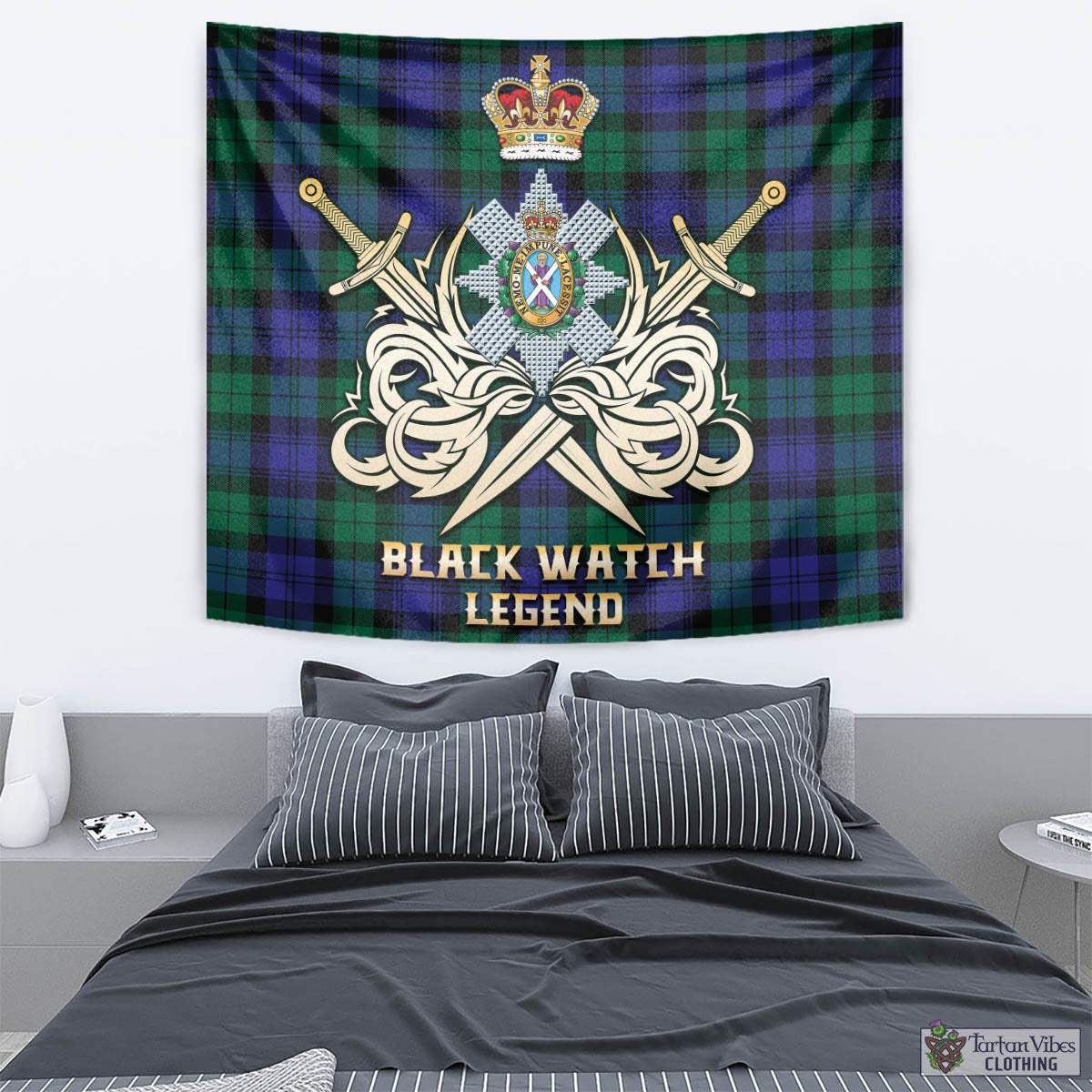 Tartan Vibes Clothing Black Watch Modern Tartan Tapestry with Clan Crest and the Golden Sword of Courageous Legacy