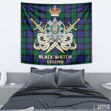 Black Watch Modern Tartan Tapestry with Clan Crest and the Golden Sword of Courageous Legacy