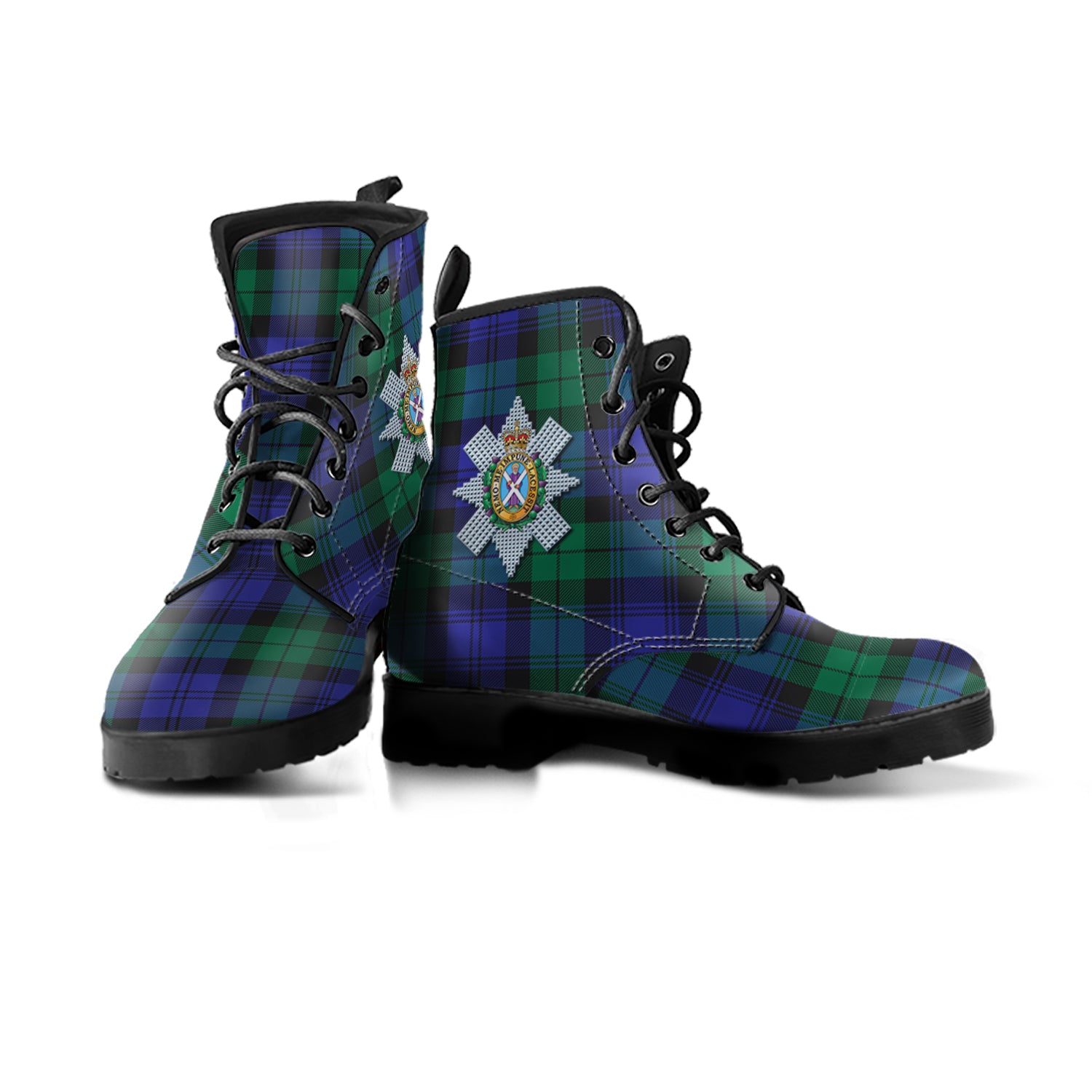 Black Watch Modern Tartan Leather Boots with Family Crest - Tartanvibesclothing