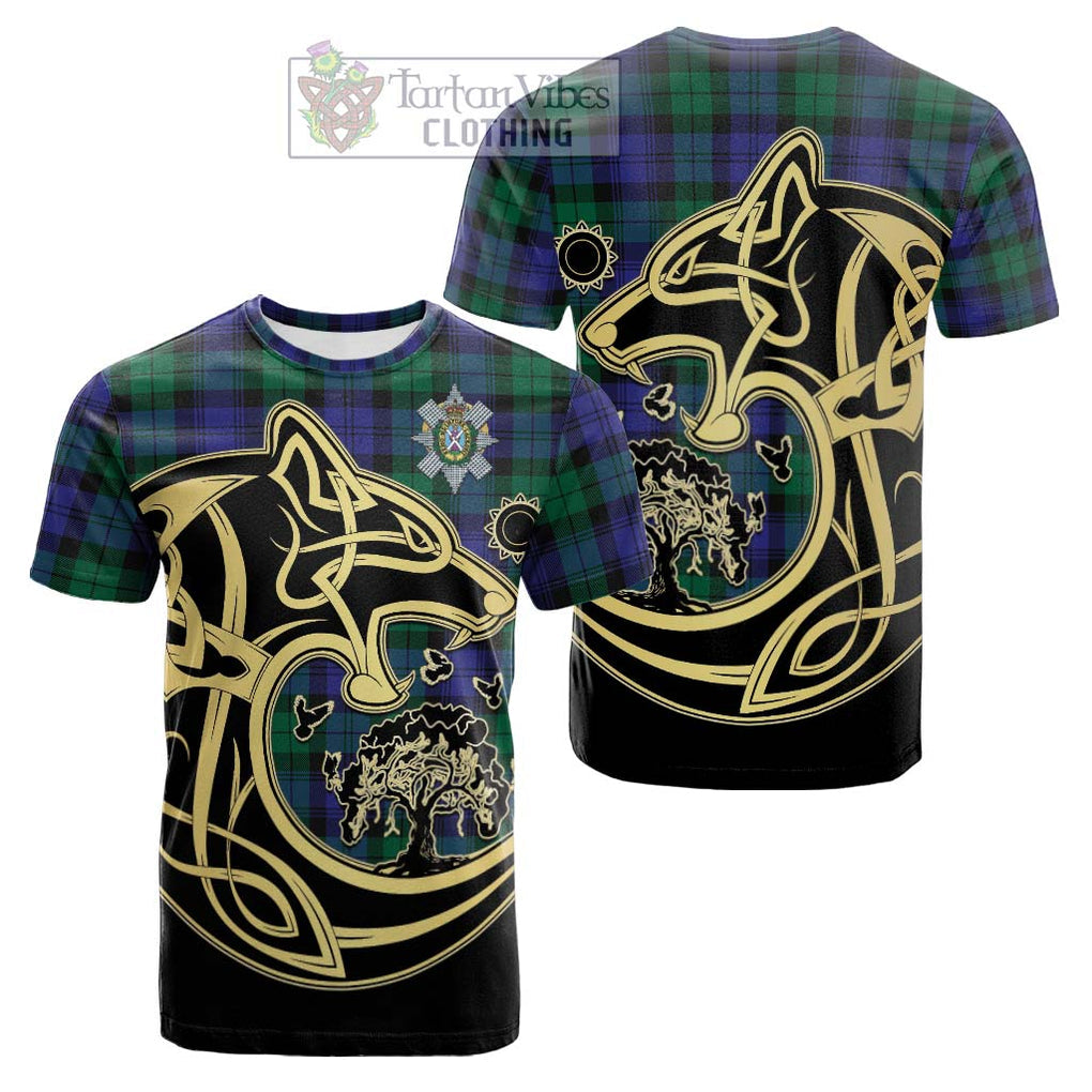 Tartan Vibes Clothing Black Watch Modern Tartan Cotton T-shirt with Family Crest Celtic Wolf Style