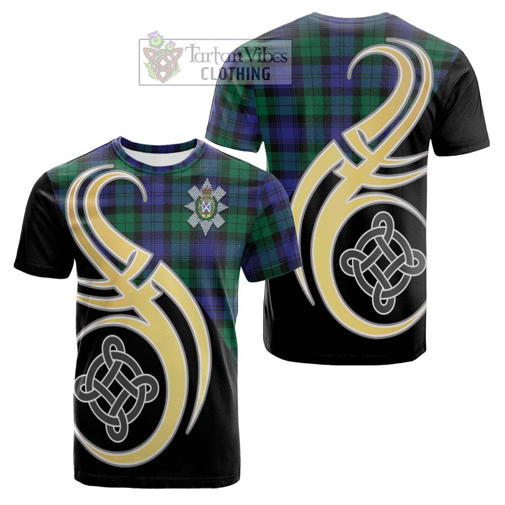 Tartan Vibes Clothing Black Watch Modern Tartan Cotton T-shirt with Family Crest and Celtic Symbol Style