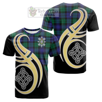 Black Watch Modern Tartan Cotton T-shirt with Family Crest and Celtic Symbol Style