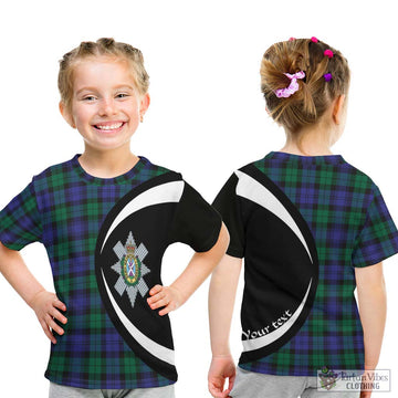 Black Watch Modern Tartan Kid T-Shirt with Family Crest Circle Style