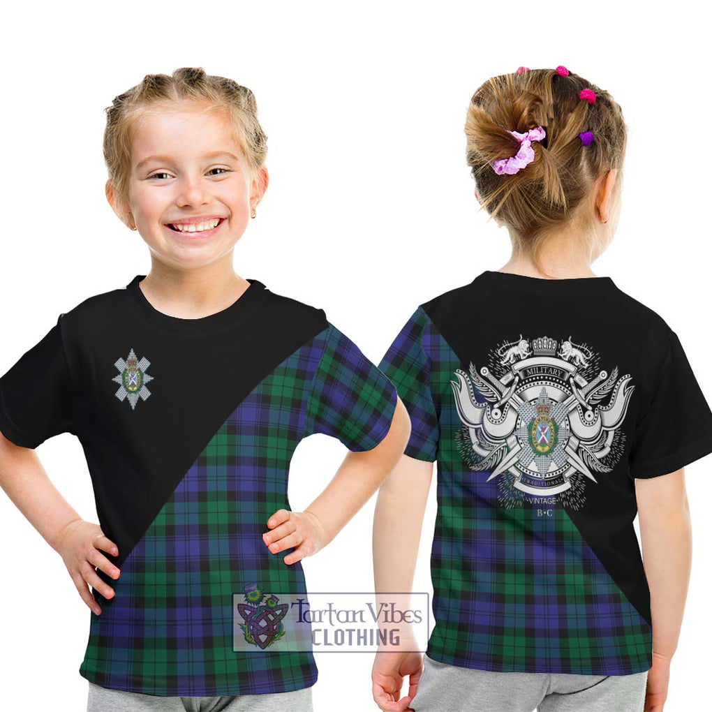 Black Watch Modern Tartan Kid T-Shirt with Family Crest and Military Logo Style - Tartanvibesclothing Shop