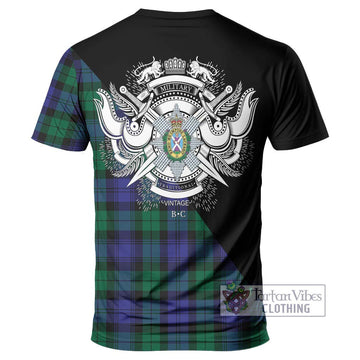 Black Watch Modern Tartan T-Shirt with Family Crest and Military Logo Style