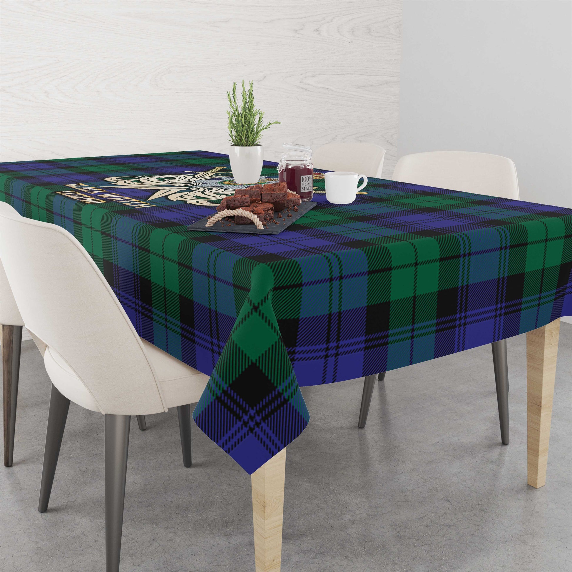 Tartan Vibes Clothing Black Watch Modern Tartan Tablecloth with Clan Crest and the Golden Sword of Courageous Legacy