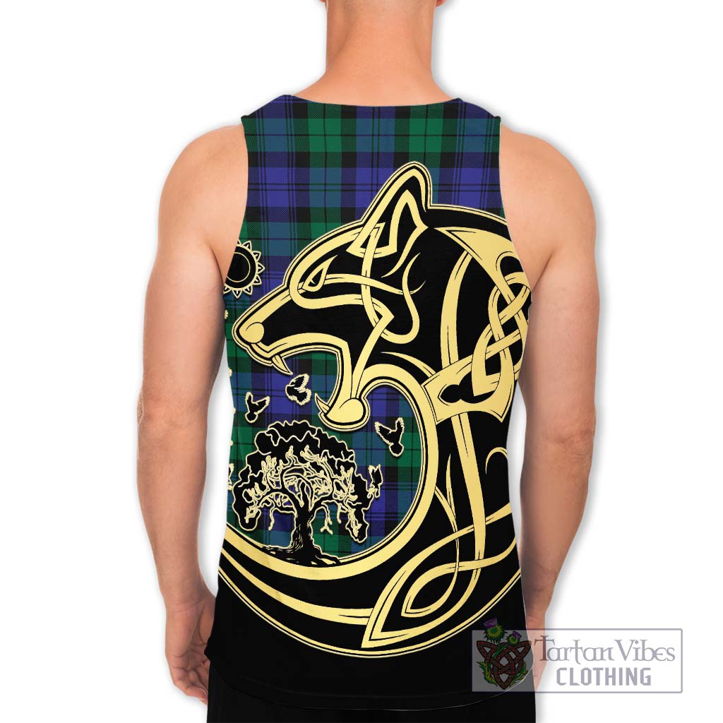 Black Watch Modern Tartan Men's Tank Top with Family Crest Celtic Wolf Style - Tartan Vibes Clothing