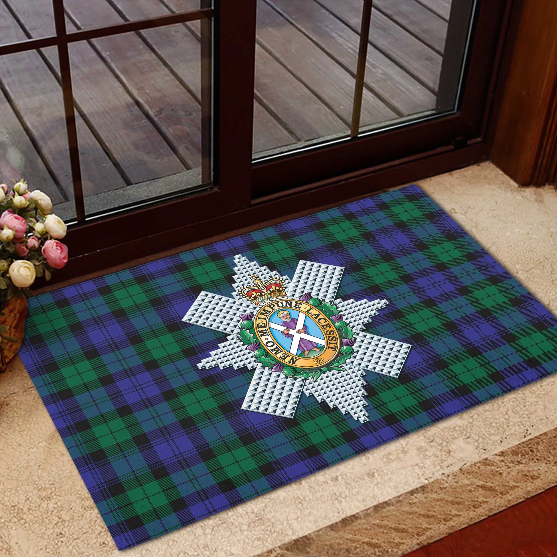 Black Watch Modern Tartan Door Mat with Family Crest - Tartanvibesclothing