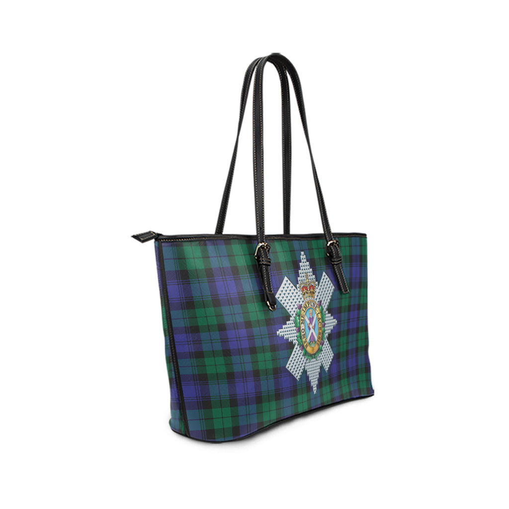 Black Watch Modern Tartan Leather Tote Bag with Family Crest - Tartanvibesclothing