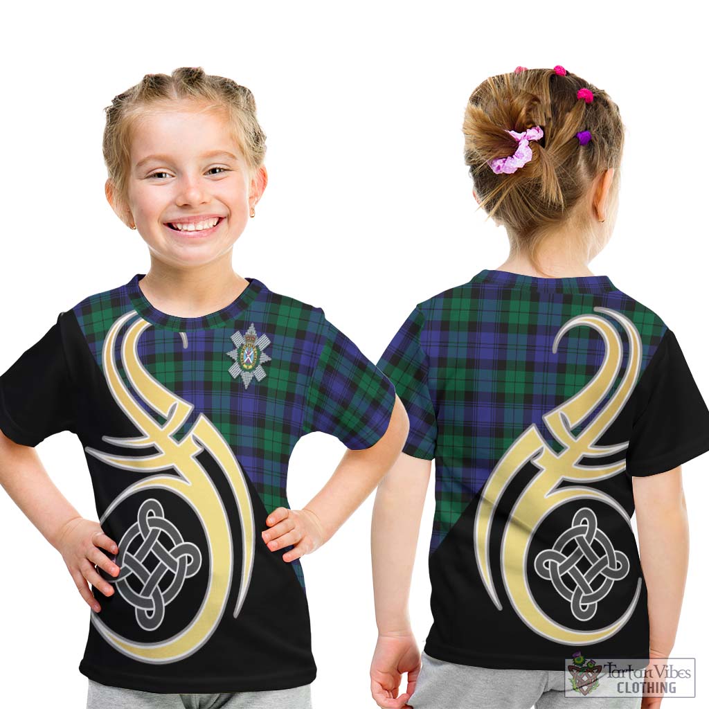 Black Watch Modern Tartan Kid T-Shirt with Family Crest and Celtic Symbol Style - Tartan Vibes Clothing