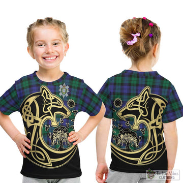 Black Watch Modern Tartan Kid T-Shirt with Family Crest Celtic Wolf Style