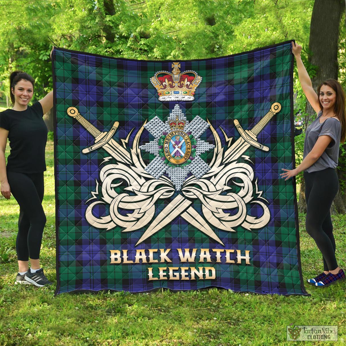 Tartan Vibes Clothing Black Watch Modern Tartan Quilt with Clan Crest and the Golden Sword of Courageous Legacy