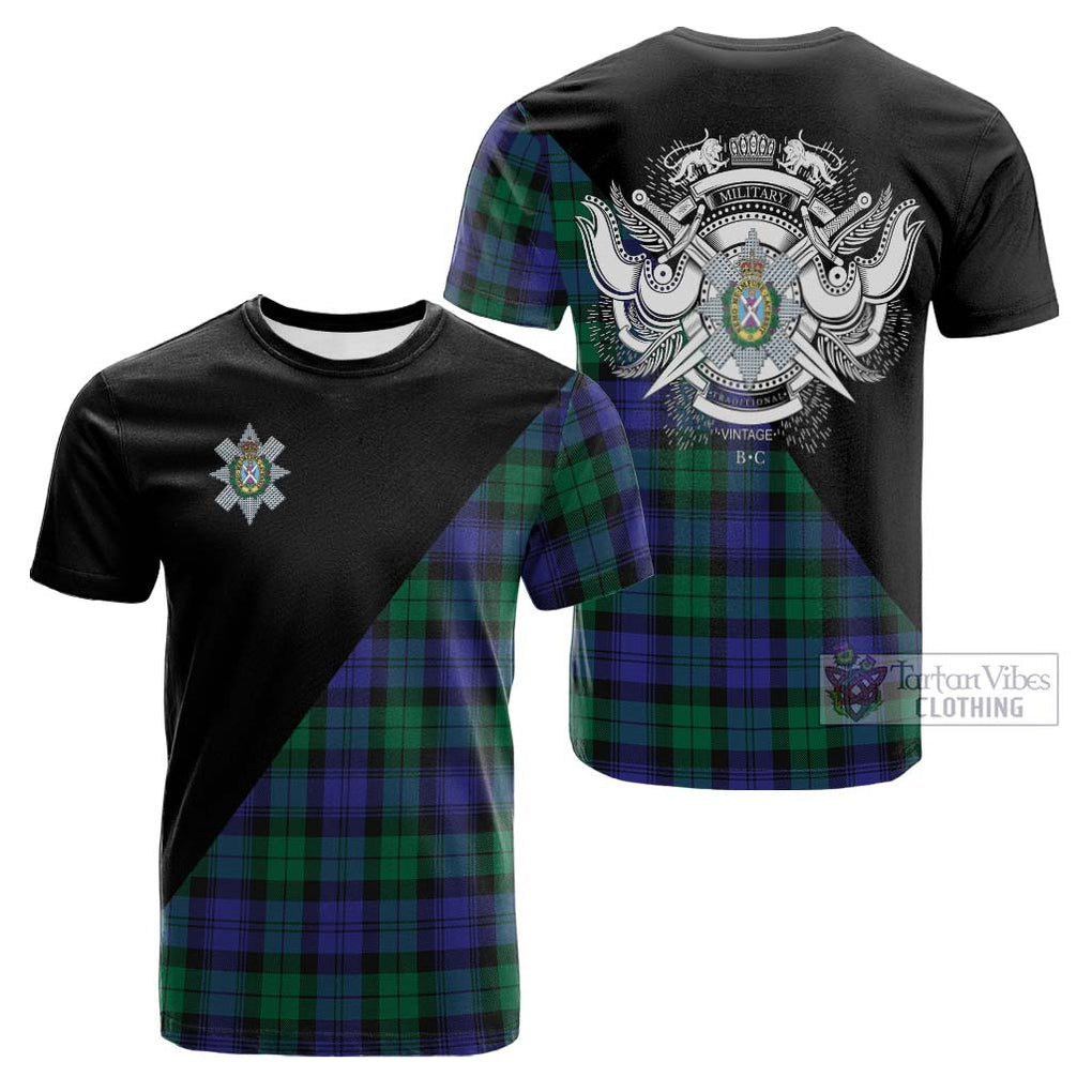 Tartan Vibes Clothing Black Watch Modern Tartan Cotton T-shirt with Family Crest and Military Logo Style