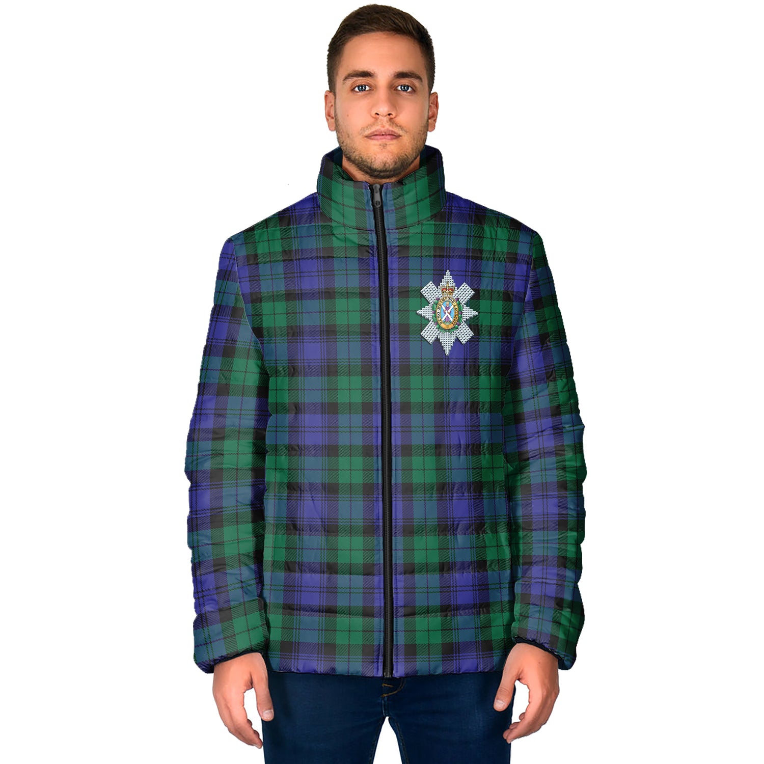 Black Watch Modern Tartan Padded Jacket with Family Crest - Tartan Vibes Clothing