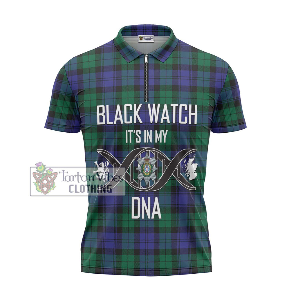 Black Watch Modern Tartan Zipper Polo Shirt with Family Crest DNA In Me Style - Tartanvibesclothing Shop