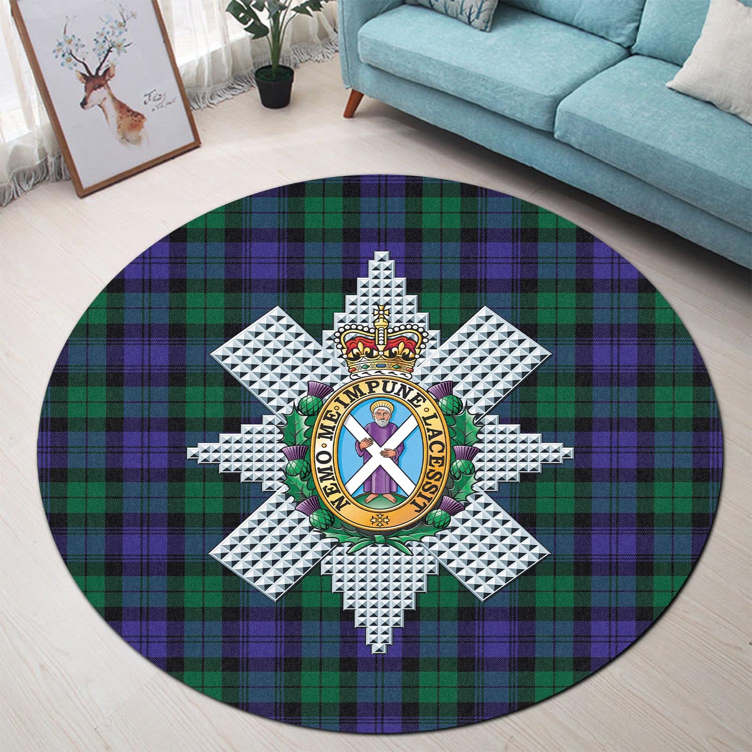 Black Watch Modern Tartan Round Rug with Family Crest - Tartanvibesclothing