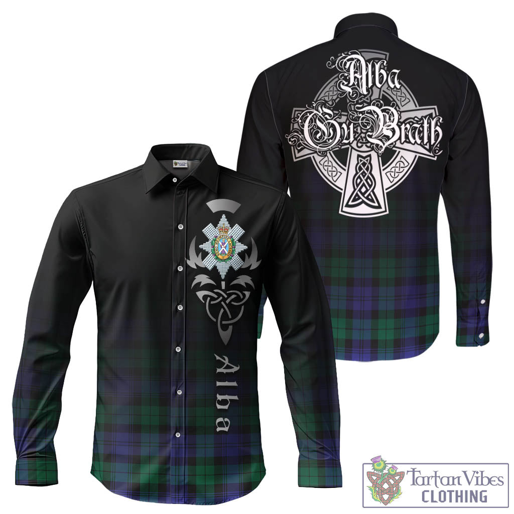 Tartan Vibes Clothing Black Watch Modern Tartan Long Sleeve Button Up Featuring Alba Gu Brath Family Crest Celtic Inspired