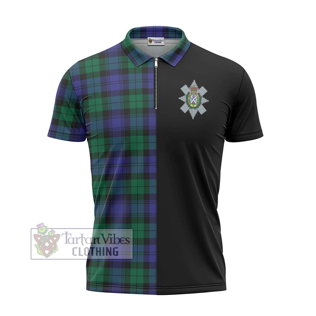 Black Watch Modern Tartan Zipper Polo Shirt with Family Crest and Half Of Me Style - Tartanvibesclothing Shop