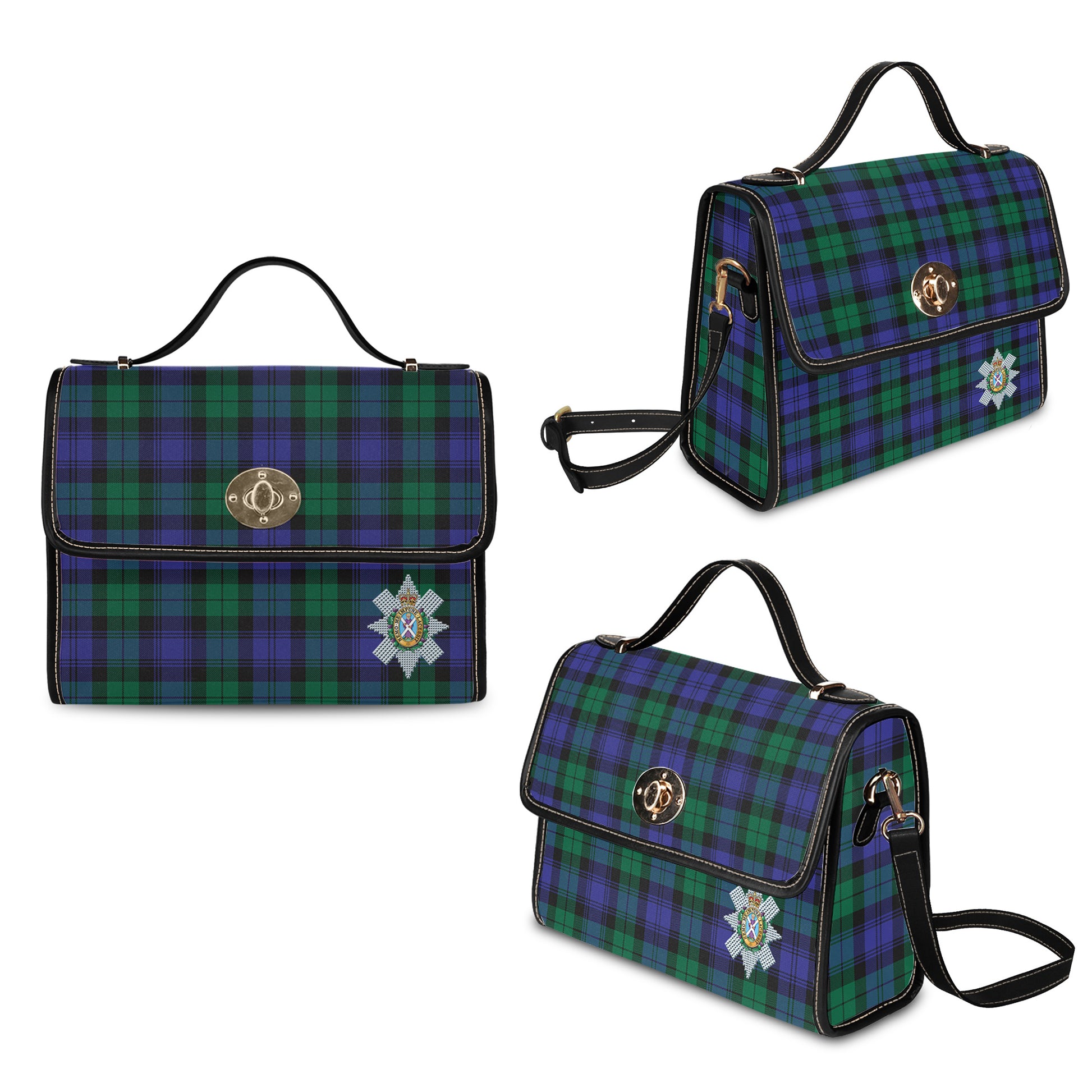 Black Watch Modern Tartan Leather Strap Waterproof Canvas Bag with Family Crest - Tartanvibesclothing