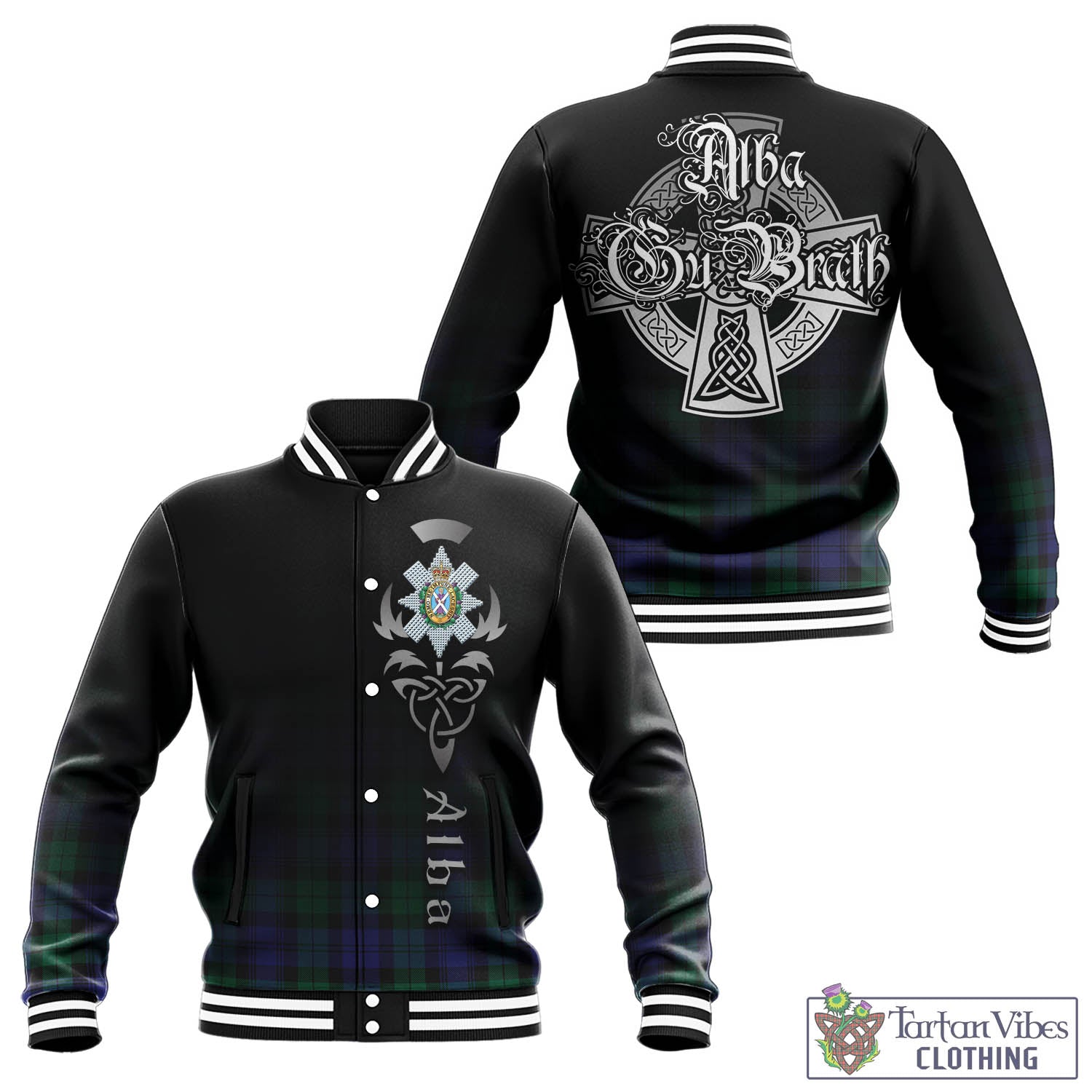 Tartan Vibes Clothing Black Watch Modern Tartan Baseball Jacket Featuring Alba Gu Brath Family Crest Celtic Inspired