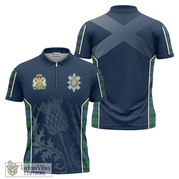 Black Watch Modern Tartan Zipper Polo Shirt with Family Crest and Scottish Thistle Vibes Sport Style