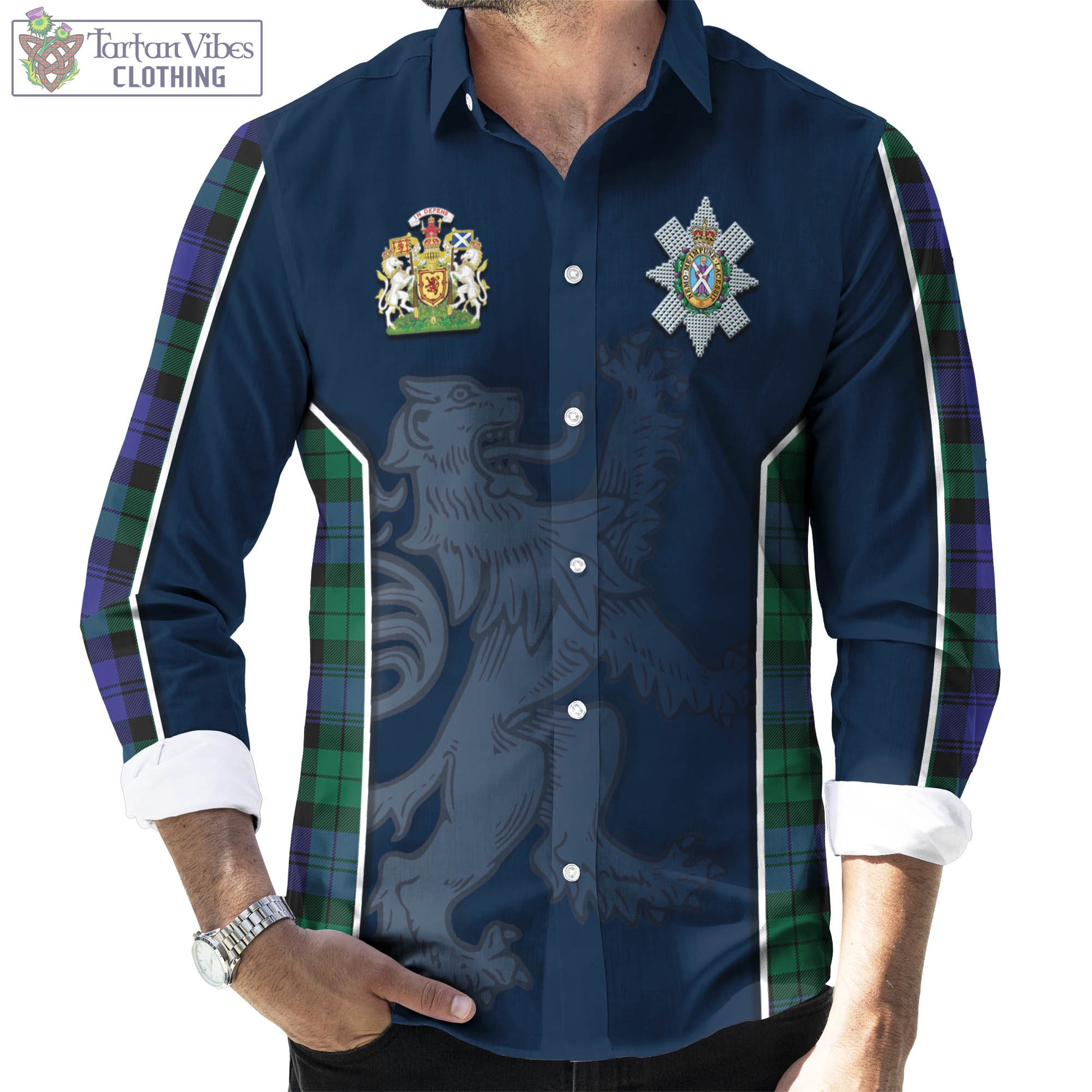 Tartan Vibes Clothing Black Watch Modern Tartan Long Sleeve Button Up Shirt with Family Crest and Lion Rampant Vibes Sport Style
