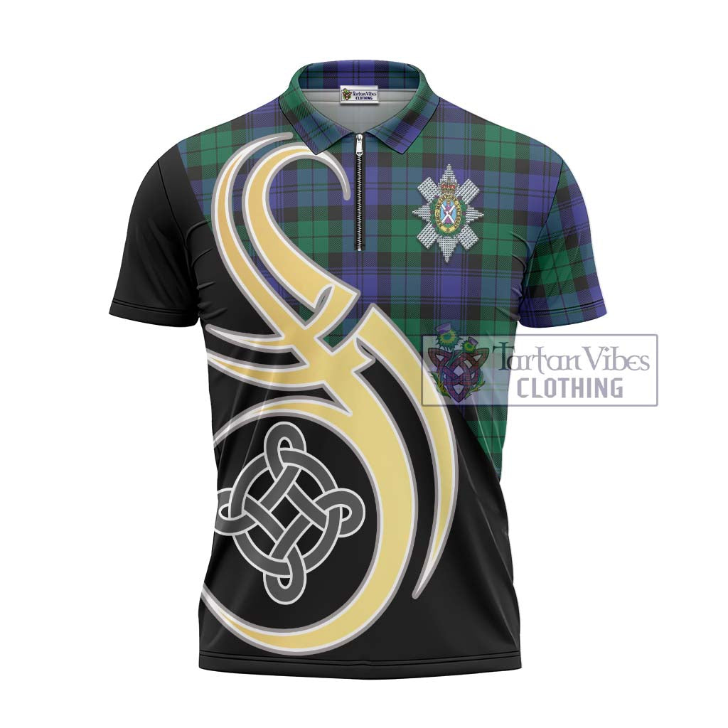 Tartan Vibes Clothing Black Watch Modern Tartan Zipper Polo Shirt with Family Crest and Celtic Symbol Style