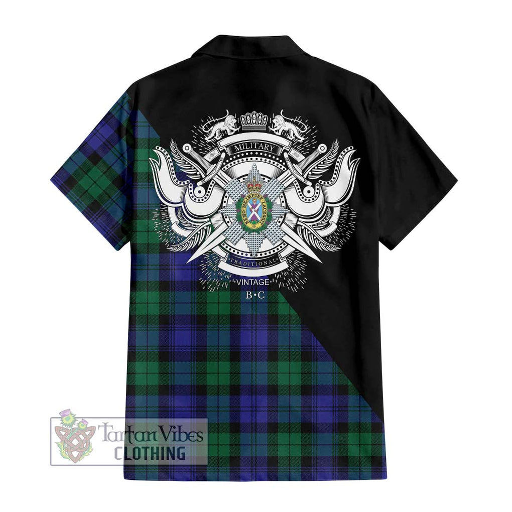 Black Watch Modern Tartan Short Sleeve Button Shirt with Family Crest and Military Logo Style - Tartanvibesclothing Shop