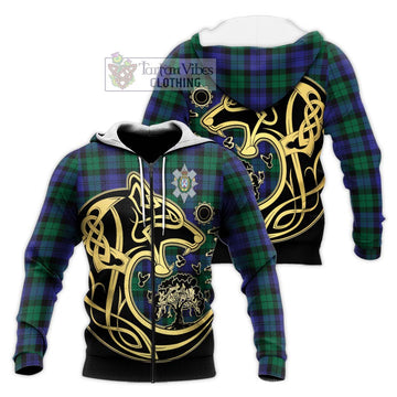 Black Watch Modern Tartan Knitted Hoodie with Family Crest Celtic Wolf Style