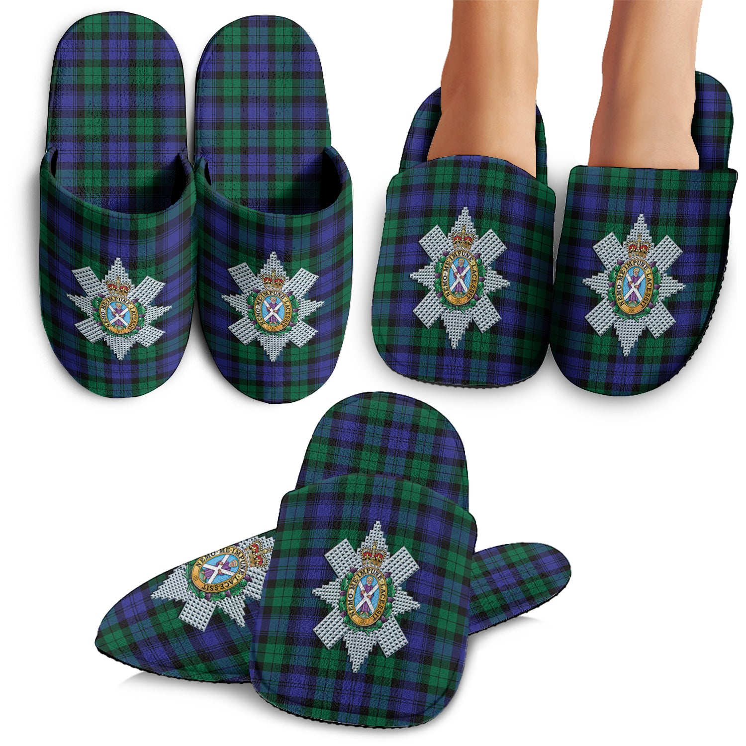 Black Watch Modern Tartan Home Slippers with Family Crest - Tartanvibesclothing