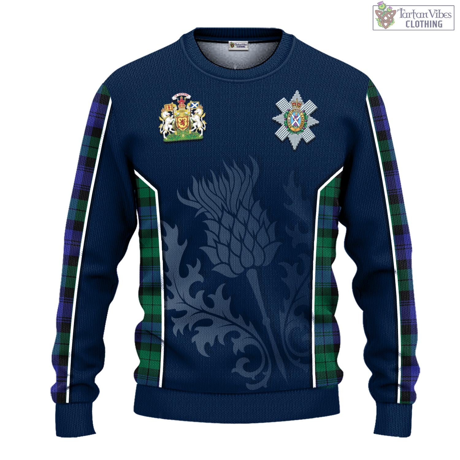 Tartan Vibes Clothing Black Watch Modern Tartan Knitted Sweatshirt with Family Crest and Scottish Thistle Vibes Sport Style