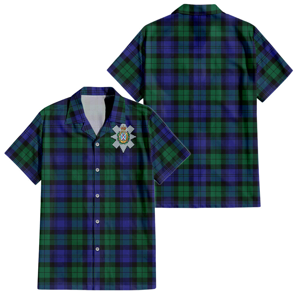 Black Watch Modern Tartan Short Sleeve Button Down Shirt with Family Crest - Tartanvibesclothing