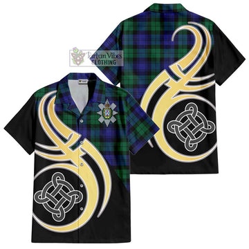 Black Watch Modern Tartan Short Sleeve Button Shirt with Family Crest and Celtic Symbol Style