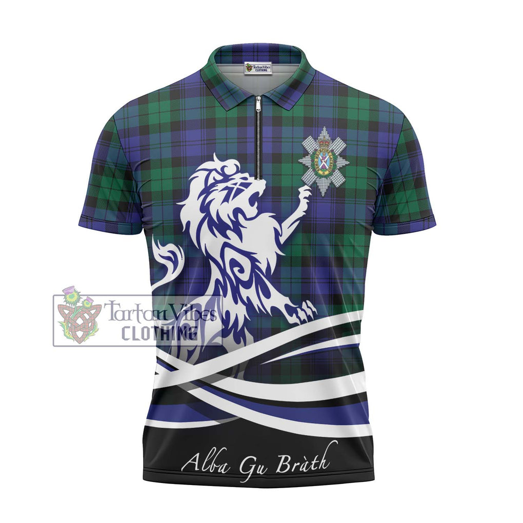 Black Watch Modern Tartan Zipper Polo Shirt with Alba Gu Brath Regal Lion Emblem - Tartanvibesclothing Shop