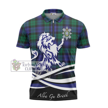 Black Watch Modern Tartan Zipper Polo Shirt with Alba Gu Brath Regal Lion Emblem