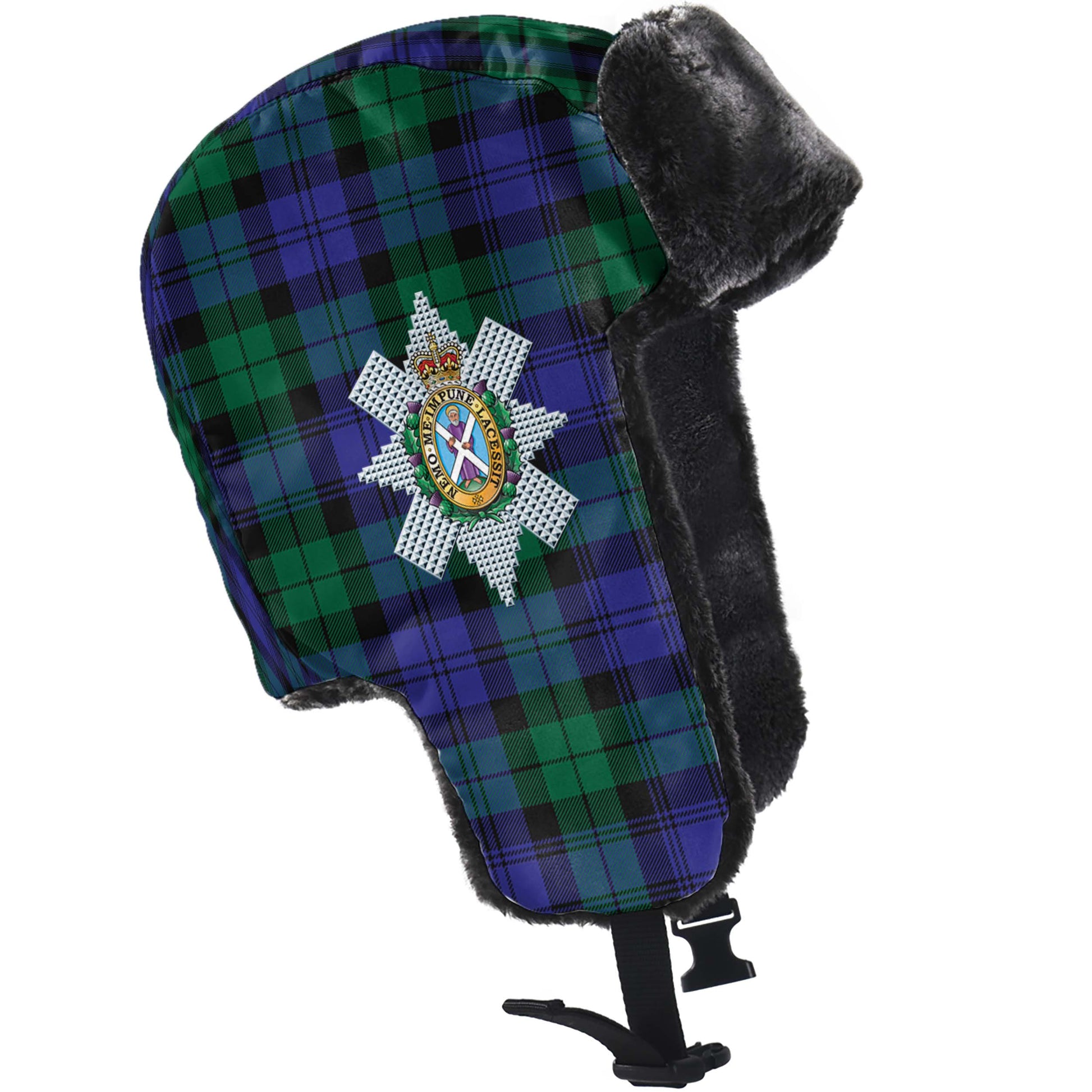 Black Watch Modern Tartan Winter Trapper Hat with Family Crest - Tartanvibesclothing