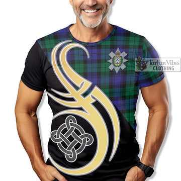 Black Watch Modern Tartan T-Shirt with Family Crest and Celtic Symbol Style