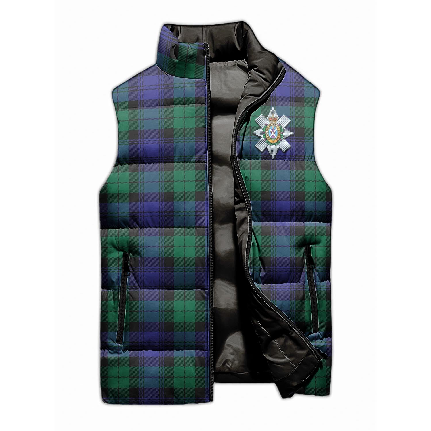 Black Watch Modern Tartan Sleeveless Puffer Jacket with Family Crest - Tartanvibesclothing