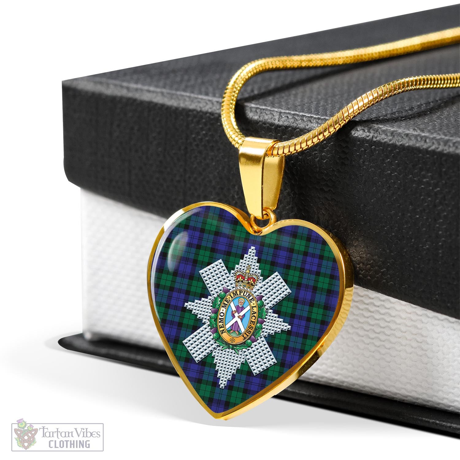 Tartan Vibes Clothing Black Watch Modern Tartan Heart Necklace with Family Crest